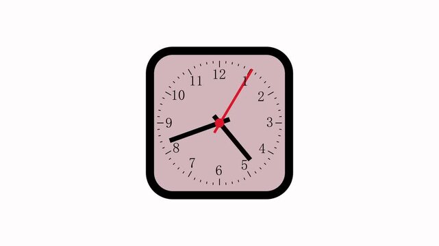 Square clock animation with red second hand. Square clock analog time display. Square clock technology interface graphic on black background for time.