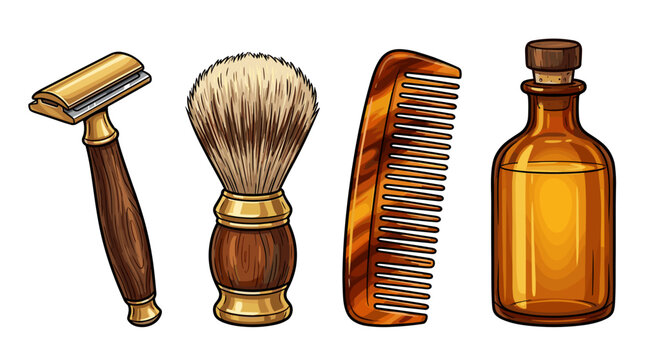 vector hand drawn vintage barber shaving kit set with safety razor shaving brush tortoise comb and