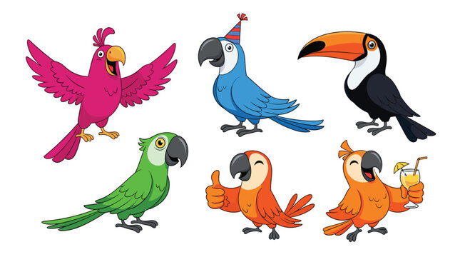 Colorful cartoon parrot and toucan characters set featuring tropical birds in various fun poses with party hat and cocktail drink.