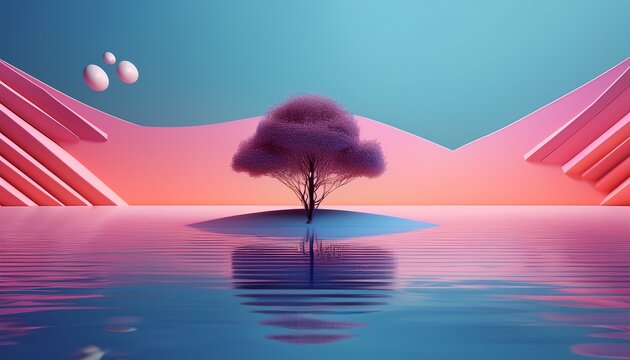 surreal 3d landscape featuring ive geometric shapes water surface and solitary tree under colorful sky scene evokes sense of wonder and ity