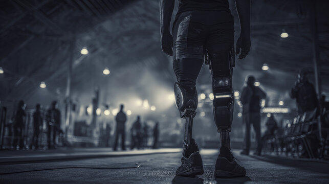 A determined athlete with prosthetic legs stands confidently in a dimly lit sports arena, ready for competition. The scene captures strength, resilience, and futuristic technology