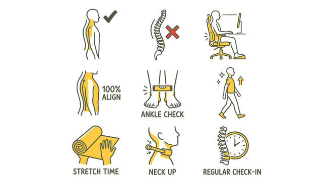 Posture and Ergonomics Icon Set for Healthy Spinal Alignment and Back Pain Prevention