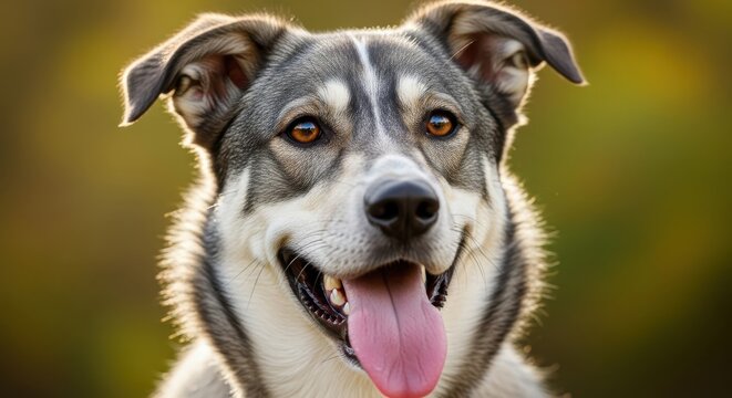 Close-up Portrait of a Happy Mixed Breed Dog with Tongue Out in Soft G