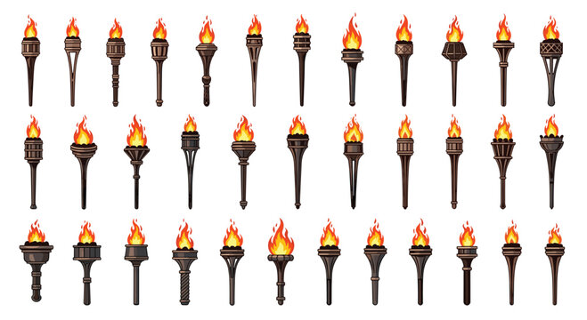 Burning torches collection with various handle designs and bright flames for ancient history or fantasy adventure themes.