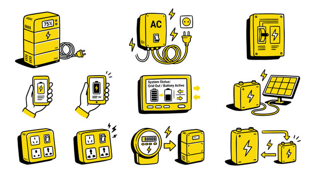 Renewable Energy and Smart Power Management Icon Set - Hand-Drawn Battery Storage and Solar Technology