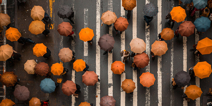 Crowd Walking with Colorful Umbrellas Birds Eye View