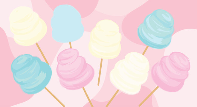 Sweet colorful cotton candy on sticks in pink blue and white colors for carnival fair and celebration backgrounds.