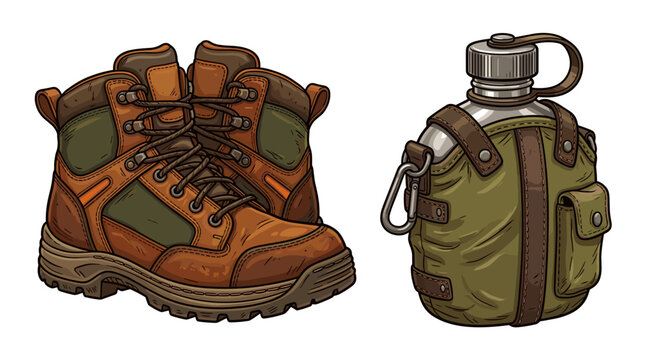 vector hand drawn outdoor wilderness adventure set with brown leather hiking boots and military canteen flask