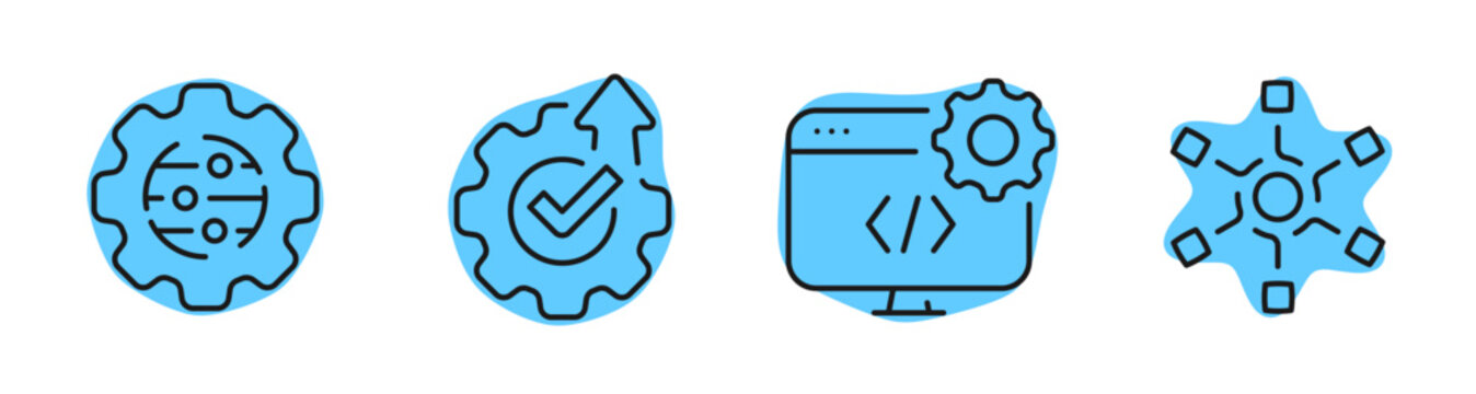 Gear icons indicating configuration and deployment on white background. Editable stroke