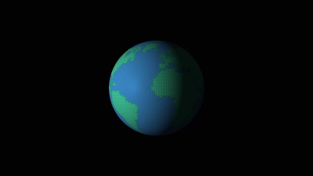 Earth globe animation with green pixel continents. Earth globe global digital world map. Earth globe international technology and communication graphic on black background.