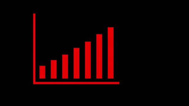 Red bar chart growing graph animation on black background, for financial data, analysis and business, growth presentation