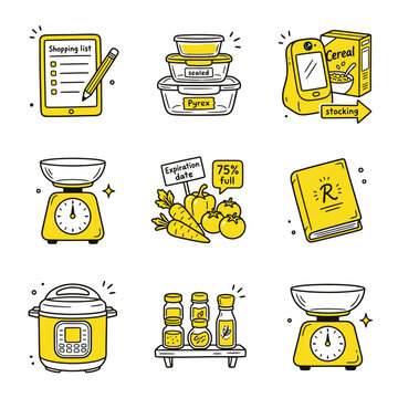 Kitchen Organization and Meal Prep Icon Set, Hand-Drawn Food Storage, Grocery Shopping List, Cooking Equipment, and Healthy Eating Doodles