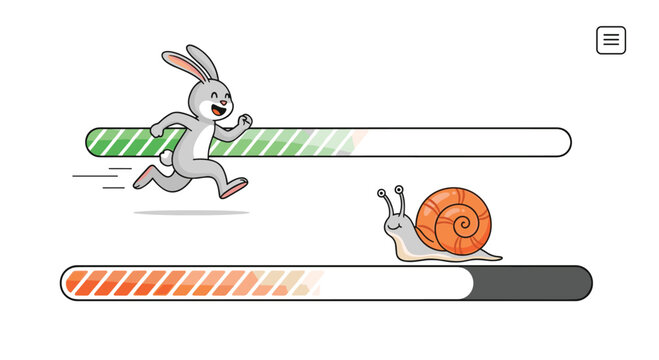 Humorous race illustration between a fast running rabbit and a slow moving snail with comparative progress bars.