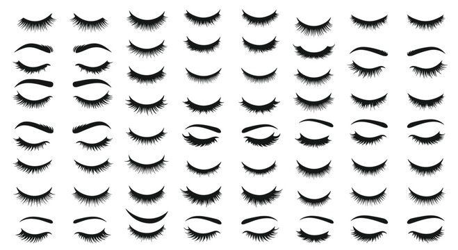 Comprehensive collection of various hand-drawn eyelash and eyebrow styles and shapes for beauty, makeup, and character design projects.