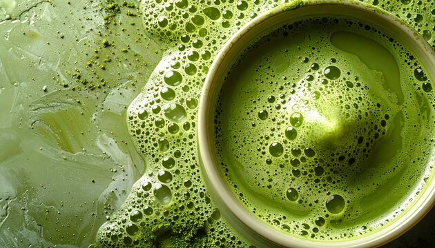 Abstract green creamy liquid swirl with foam bubbles in macro view and organic texture background
