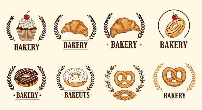 Vintage bakery logo set featuring hand-drawn illustrations of cupcakes, croissants, donuts, pretzels, and bread wreaths with elegant foliage.