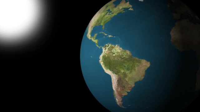 Earth globe animation with distant sun. Earth globe planetary visualization in space. Earth globe global geography and science graphic on black background.