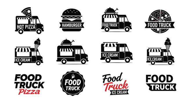 Collection of black and white food truck logos and icons featuring pizza, hamburgers, ice cream, and generic mobile kitchen vehicles for street food.