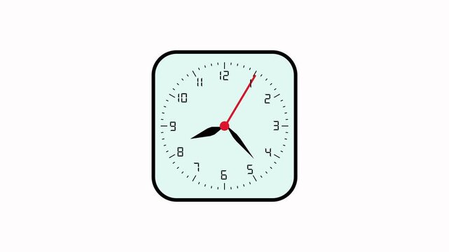 Square clock animation on white background. Square clock red second hand time display. Square clock technology interface graphic on white background for time.