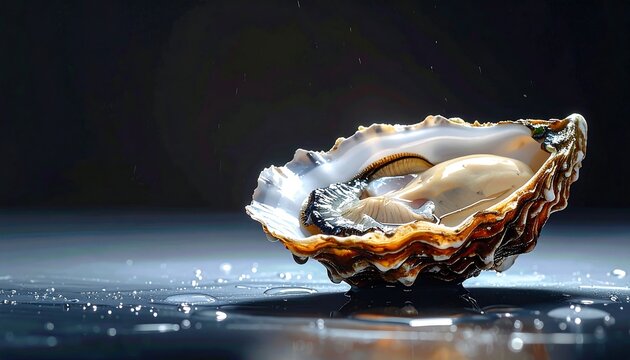 Fresh opened oyster in half shell on wet dark reflective surface with water droplets