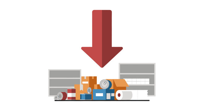 Downward arrow indicates significant stock depletion and critical supply shortage, highlighting inventory reduction, procurement challenges, and economic impact on goods availability