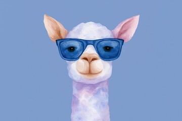 Obraz premium Cool llama with sunglasses against a blue background smiling brightly