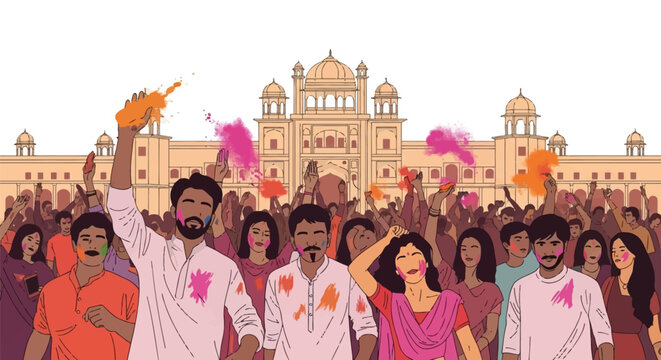 Vector illustration of a diverse crowd of Indian men and women celebrating the Holi festival by throwing vibrant colored powder in front of a grand traditional palace architecture.