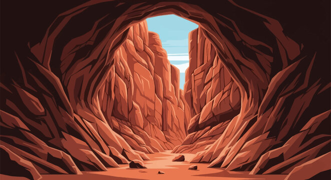 Vector illustration showing the interior view of a deep red sandstone cave looking out toward a narrow canyon with tall rocky cliffs under a clear bright sky.
