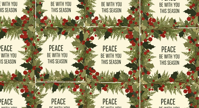 Festive Christmas Holly Border with "Peace Be With You" Text - Seamless Pattern