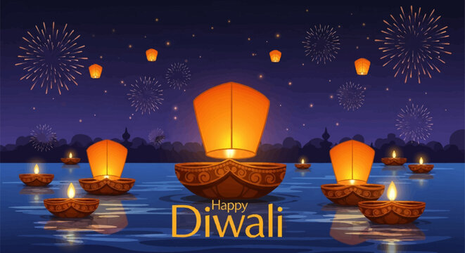 Happy Diwali vector illustration with illuminated oil lamps floating on water, glowing sky lanterns rising, and golden fireworks in a dark blue night sky with a city silhouette.