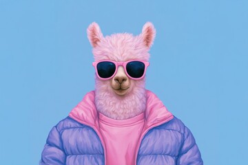Naklejka premium Llama wearing sunglasses and stylish jacket poses against a blue backdrop