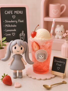 Cute pastel 3D character with strawberry float drink and ice cream in cozy cafe