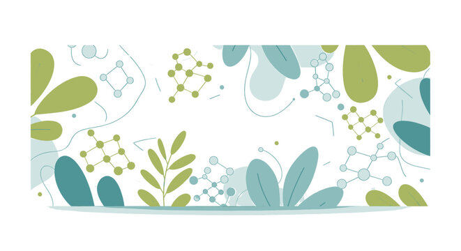 Modern flat design banner background featuring abstract botanical elements and intricate molecular structures, ideal for themes of natural science, health, and biological innovation