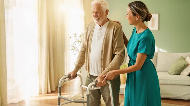 Elderly man using walker with smiling woman caregiver support at home living room