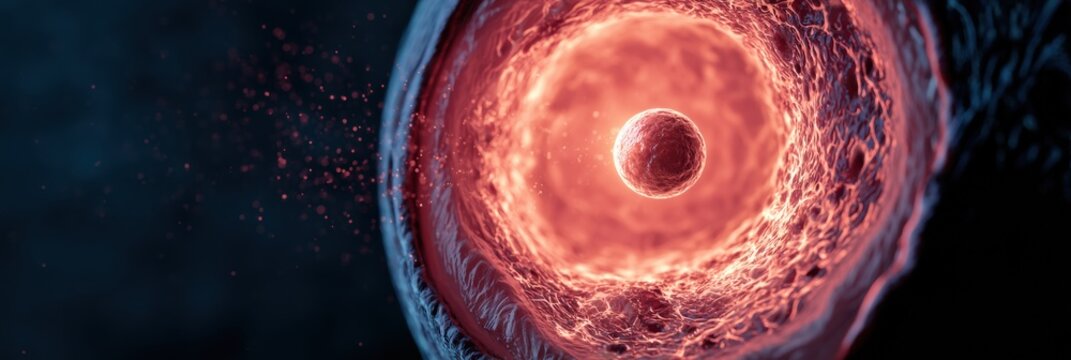 This scene displays a detailed cross-section of the uterus with an embryo near the implantation site in a warm vascular glow.