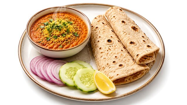 Sev Tamatar Sabzi in Bowl with Tawa Roti and Fresh Salad on White Background