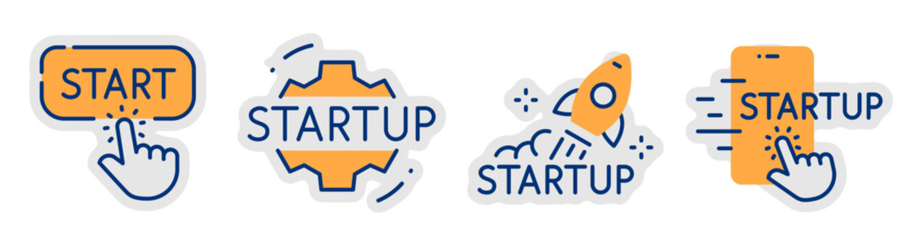 Startup icons illustrating start button rocket app on white background. Editable stroke