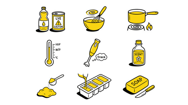 DIY Soap Making Process Icons Set - Hand-Drawn Natural Skincare Crafting Vector