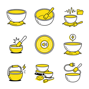 Tibetan Singing Bowl Icon Set for Sound Healing and Meditation Therapy