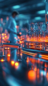 Vivid lab scene showcasing glowing flasks, illuminated by a mesmerizing blue ambiance