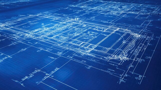 Detailed Blueprint Design of a Modern Building with Precise Measurements and Architectural Elements on a Blue Background