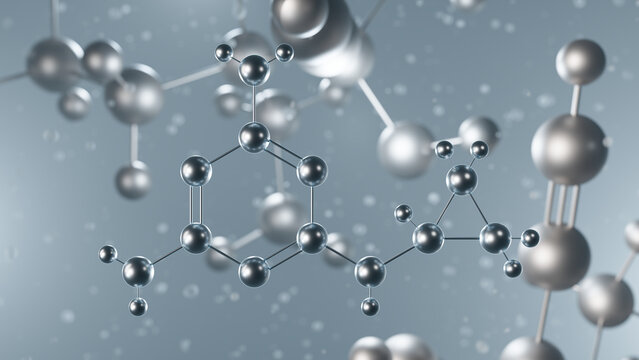 cyromazine molecular structure, 3d model molecule, triazine insecticide structural chemical formula view from a microscope