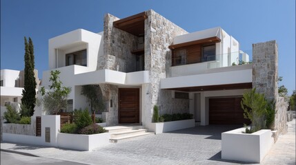 Fototapeta premium Modern architectural house design with stone exterior, wooden accents, and landscaped garden on a sunny day