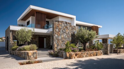 Fototapeta premium Modern luxury home with stone facade, landscaped garden, clear blue sky and contemporary architecture in sunny environment