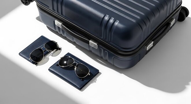 Blue hard-shell suitcase with sunglasses and leather passport covers on a white surface.