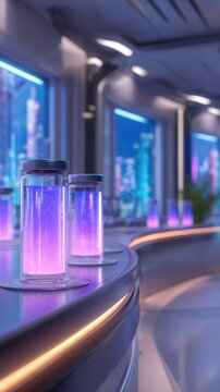 Futuristic laboratory with glowing liquid vials, illuminated by neon lights and city skyline