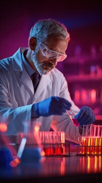 A focused scientist conducts experiments in a vibrant, illuminated laboratory setting