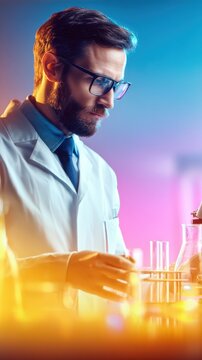 A focused scientist in a lab, immersed in experimentation with vibrant colored lighting