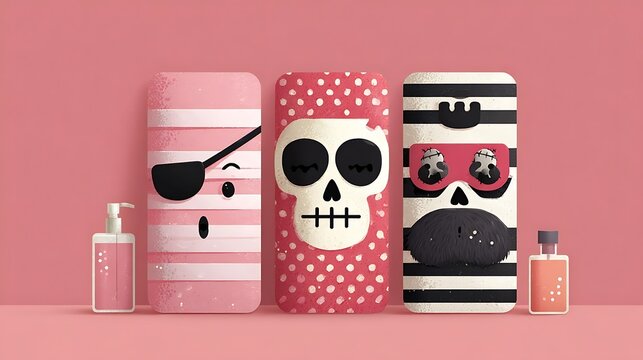 Three rectangular soap bars with pirate skull and bandit faces, pink liquid.