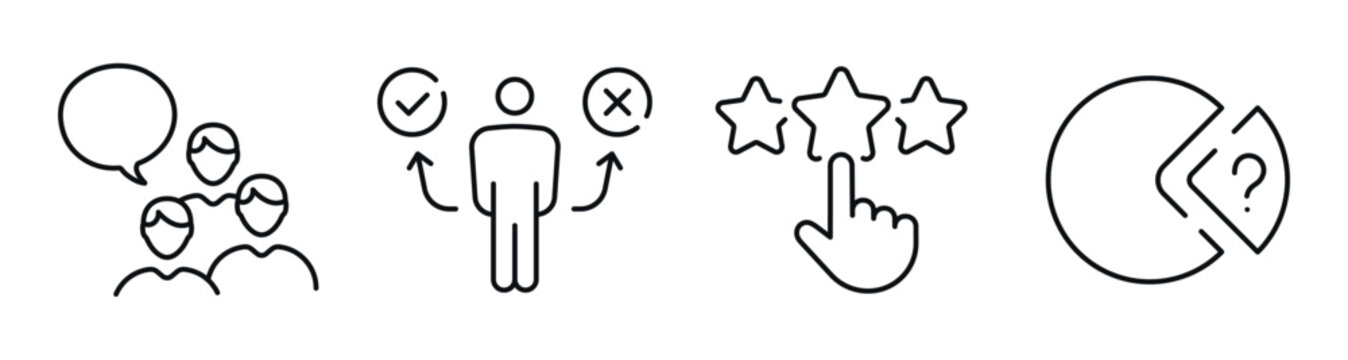 User feedback icons showing ratings decisions and statistical chart. Editable stroke